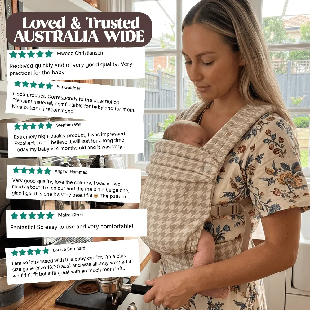 Badge reading trusted by 12,500+ Aussie parents, Tiny Table baby carriers