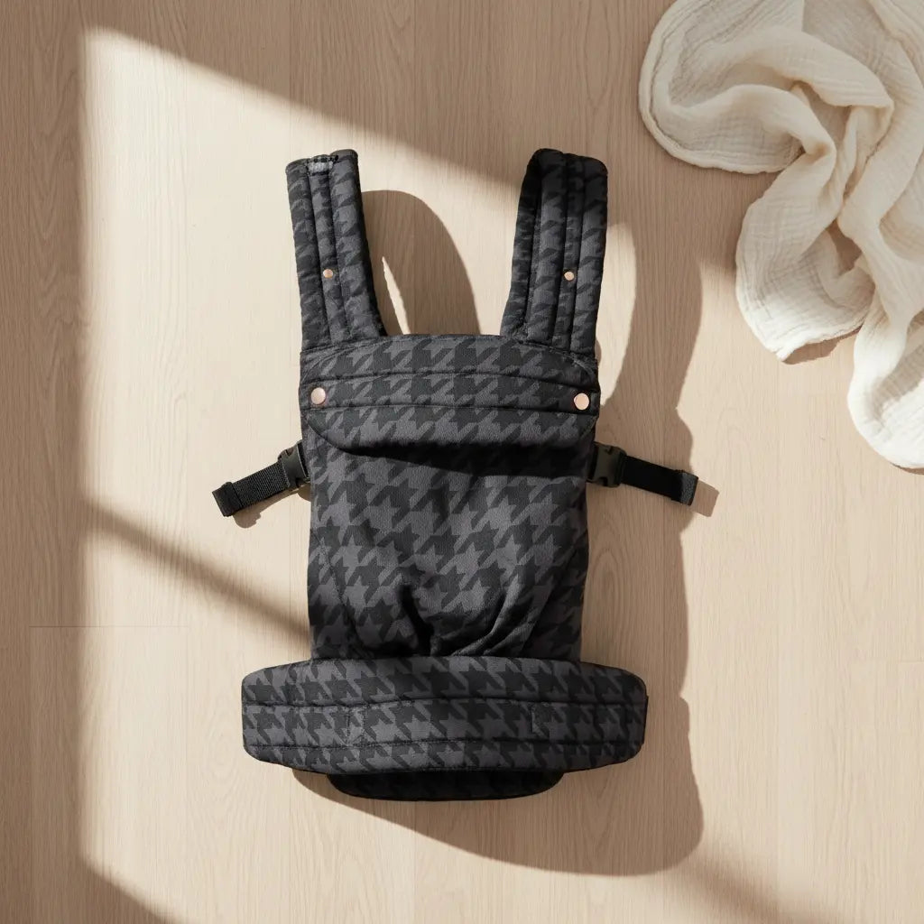 Black houndstooth baby carrier with padded straps on light wood floor, soft white cloth nearby