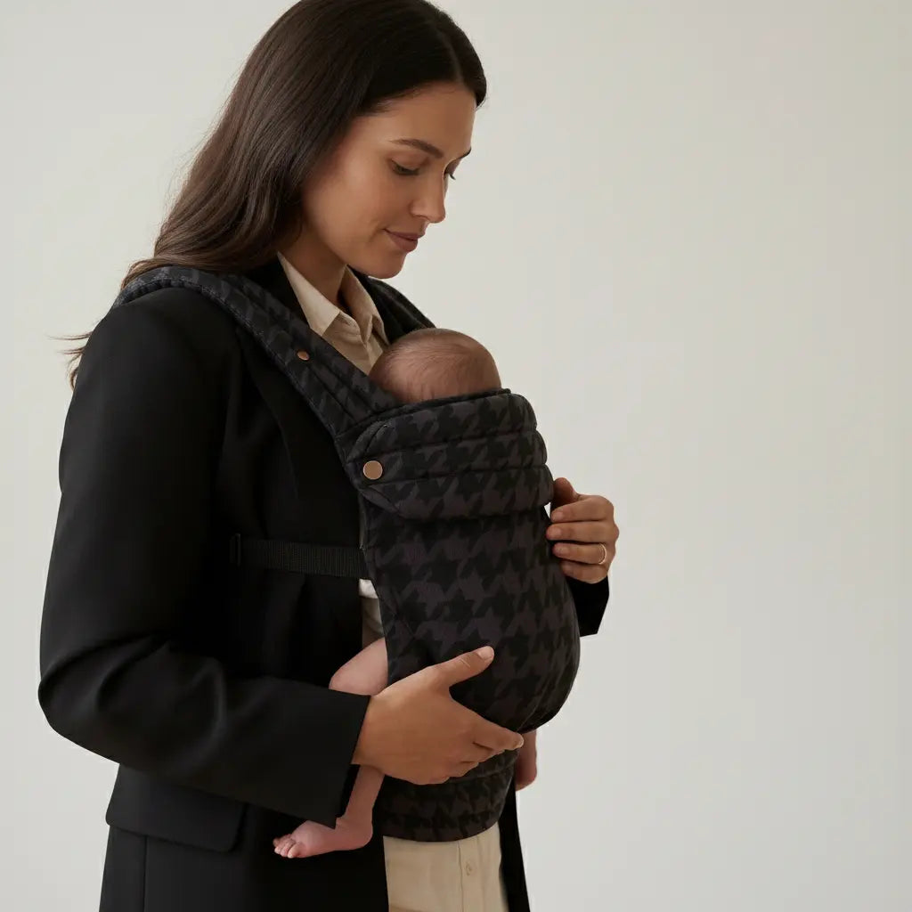 Woman carrying baby in a black houndstooth patterned baby carrier