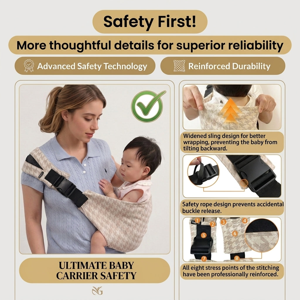Woman carrying baby in ergonomic sling baby carrier with safety features and adjustable strap.