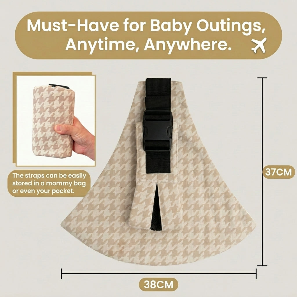 Compact beige baby carrier with houndstooth pattern, foldable and easy to store, 37x38cm size.