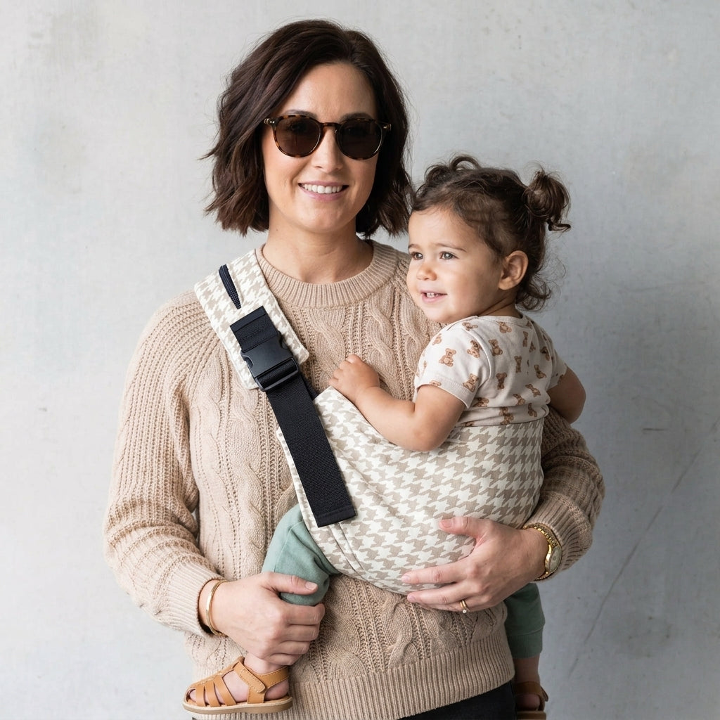 Woman wearing sunglasses carries toddler in beige patterned baby carrier