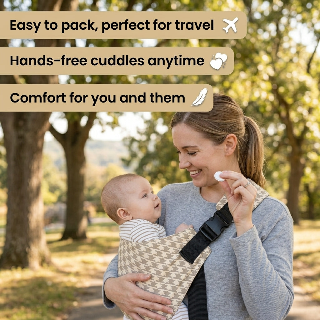 Woman outdoors holding baby in patterned baby carrier, promoting hands-free comfort for parents.