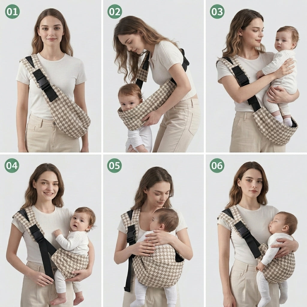 Six-step guide of a woman using a beige patterned baby carrier with a baby.