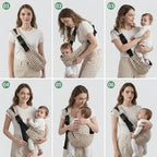 Six-step guide of a woman using a beige patterned baby carrier with a baby.